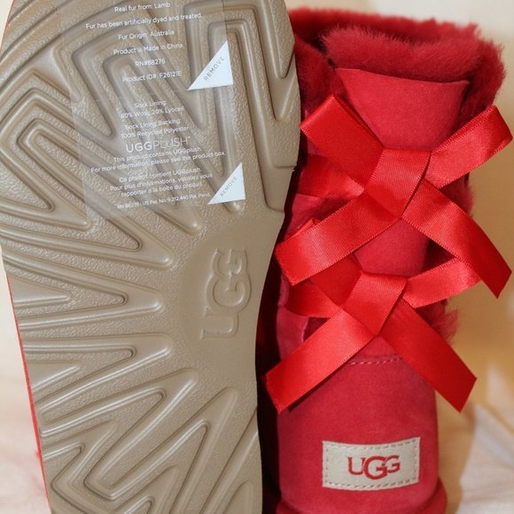 NIB UGG GIRL'S BAILEY BOW RIBBON SUEDE SHEARLING CLASSIC SHORT BOOTS RED - Picture 5 of 7